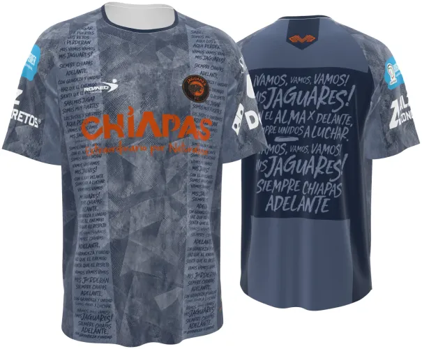 Camisa Jaguares de Chiapas cinza, frente e costas, com escudo do clube e patrocinadores no mockup