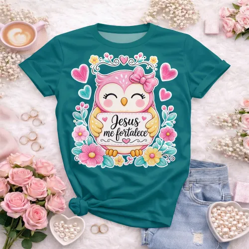 Arte camisa cristã com mensagem de amor de Deus e coruja