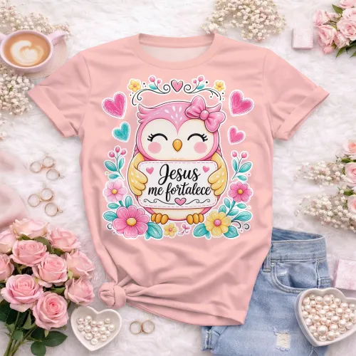 Arte camisa com frase cristã e mensagem Deus cuida