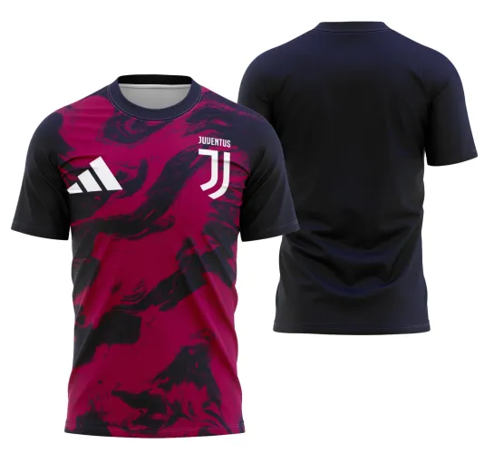 Camisa com frente preta e rosa escuro em padrão difuso, logotipos da Juventus e Adidas em branco no peito, mangas e costas pretas sólidas sem texto ou estampa.