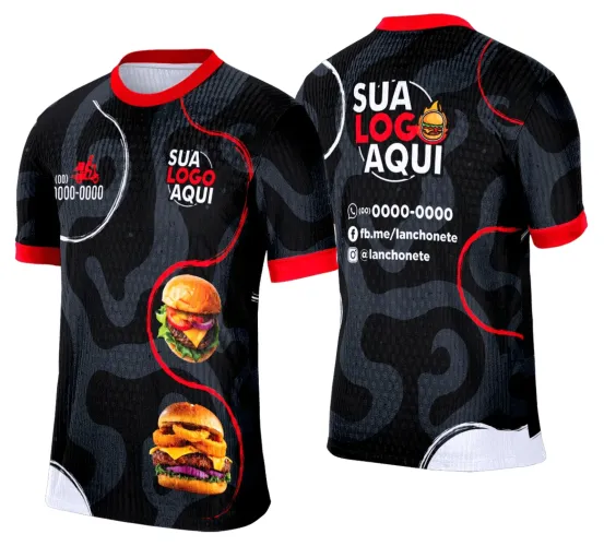 Camisa com logo no peito e estampa grande nas costas, combinando elementos que remetem ao universo de lanche e hamburgueria, com cores vibrantes e design moderno para destacar qualquer visual casual.