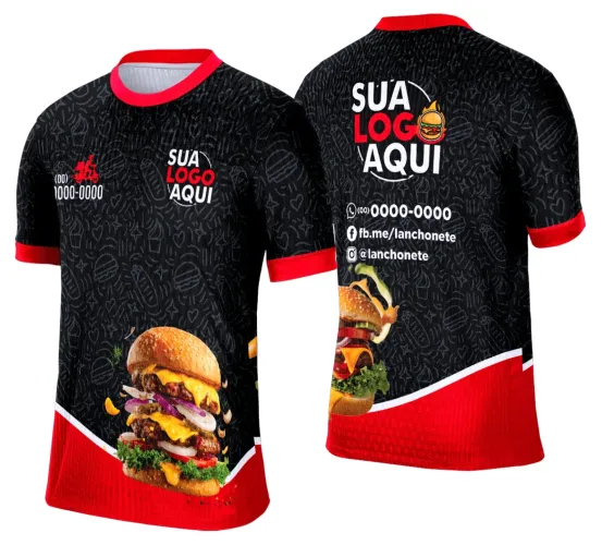 Camisa com logo no peito discreto e estampa grande nas costas com design inspirado em lanche e hamburgueria, cores vibrantes e detalhes que destacam o estilo descontraído e moderno, ideal para amantes do universo gastronômico.