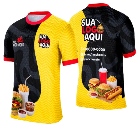 Camisa com logo no peito e estampa grande nas costas, destacando elementos de lanchonete e hamburgueria que atraem olhares com seu design moderno e vibrante, perfeita para fãs do universo fast food.