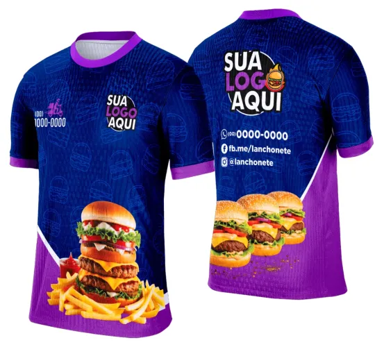 Camisa com logo no peito que traz um design moderno e estampa grande nas costas com inspiração em lanchonetes e hamburguerias, destacando cores vibrantes e estilo único para chamar atenção em qualquer ocasião.