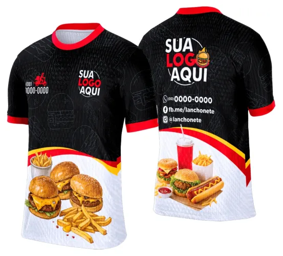 Foto de uma camisa com logo no peito e estampa grande nas costas inspirada em lanche e hamburgueria, combinando estilo moderno e descontraído para amantes de fast food