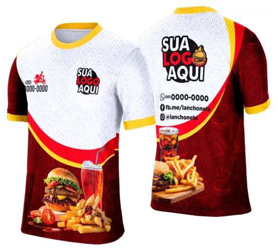 Camisa com logo no peito destacando design moderno e estampa grande nas costas com elementos gráficos inspirados em lanche e hamburgueria, ideal para quem quer estilo e identidade única.