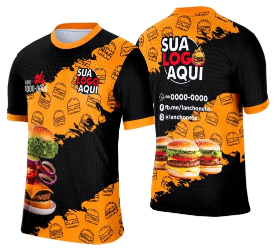 Imagem de uma camisa com logo no peito e estampa grande nas costas com tema de hamburgueria, design moderno e atraente que destaca a cultura do lanche de forma descontraída e estilosa.