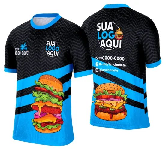 Camisa com logo no peito e estampa grande nas costas destacando elementos clássicos de lanchonete e hambúrguer, em estilo vibrante e moderno, perfeita para amantes de fast food e cultura gastronômica.