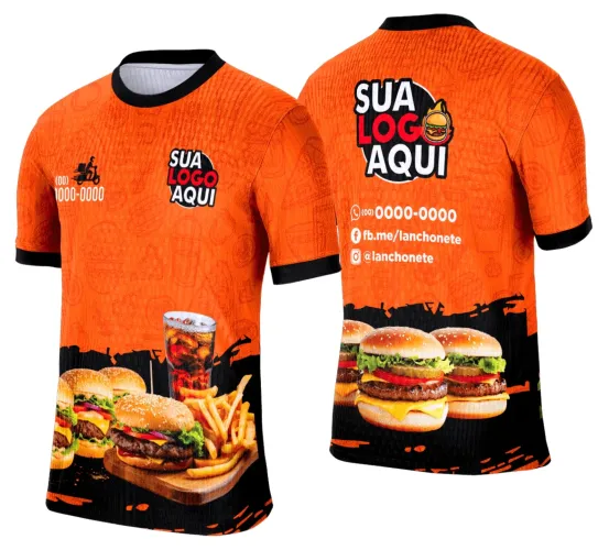 Camisa com logo no peito e estampa grande nas costas, destacando elementos temáticos de lanches e hambúrgueres que trazem um visual moderno e atraente para quem é apaixonado por uma boa gastronomia casual.