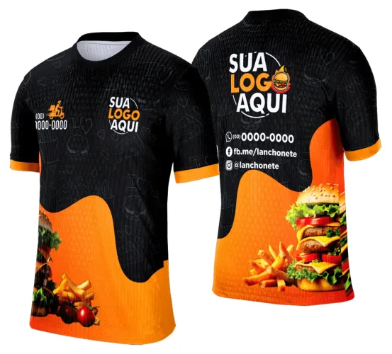 Camisa com logo no peito e estampa grande nas costas remetendo ao tema lanche e hamburgueria, em cores vibrantes e design moderno que destaca a paixão pela comida casual.