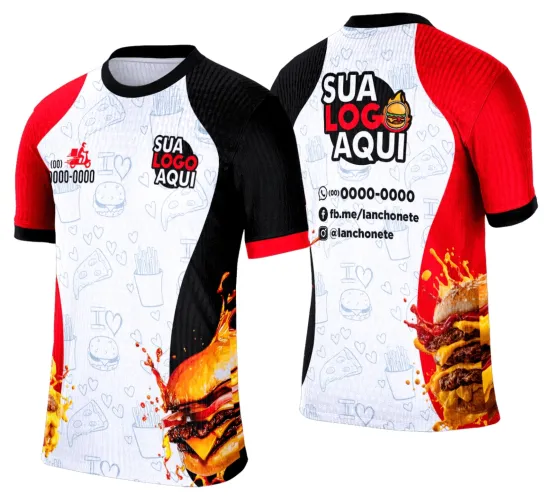 Foto da camisa com logo no peito e estampa grande nas costas que remete ao tema lanche e hamburgueria, destacando um design moderno e vibrante ideal para uniformes e eventos do ramo alimentício.