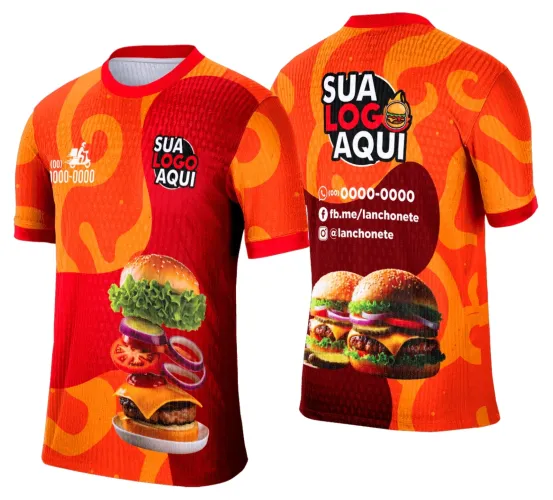 Camisa com logo no peito e estampa grande nas costas, destacando um design vibrante e moderno inspirado em lanche e hamburgueria, perfeita para quem quer um visual descolado e divertido ligado ao universo gastronômico.