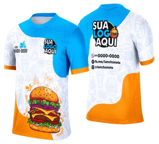 Camisa com logo no peito e estampa grande nas costas que remetem ao universo de lanche e hamburgueria, design moderno e atraente perfeito para quem ama cultura gastronômica casual.