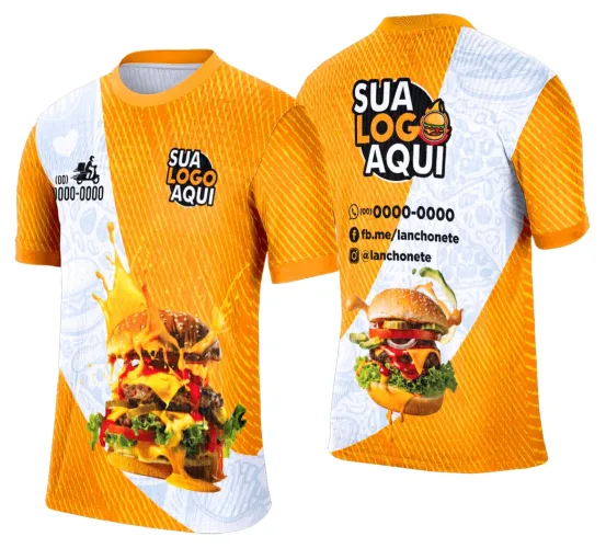 Camisa com logo no peito e estampa grande nas costas, destaque para design ligado a lanches e hamburgueria, ideal para quem valoriza estilo autêntico e temática gastronômica.