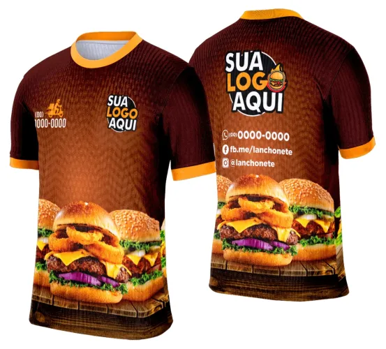 Foto da camisa com um logo no peito e uma estampa grande nas costas, que destaca o estilo gourmet de lanche e hamburgueria com design moderno e atraente, ideal para quem quer se destacar com personalidade e sabor.