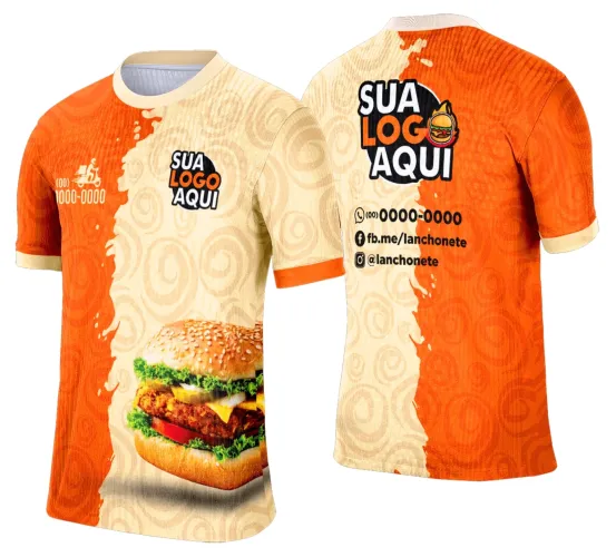 Camisa com logo no peito e estampa grande nas costas, trazendo um design moderno e atraente inspirado em lanche e hamburgueria, perfeita para quem busca estilo e identidade visual marcante.