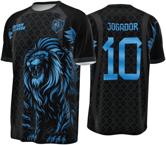 Camisa preta com estampa de leão azul rugindo na frente, folhas azuis nas laterais, texto 'INTER CLASSE' no peito esquerdo e escudo com leão azul direito. Nas costas aparece 'JOGADOR' e número 10 em azul sobre fundo preto com padrão geométrico.