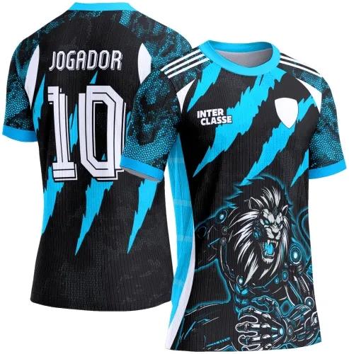 Camisa preta com detalhes em azul e branco, frente com leão ciborgue agitado, texto INTER CLASSE e escudo branco; costas com nome JOGADOR e número 10 em branco com contorno preto.