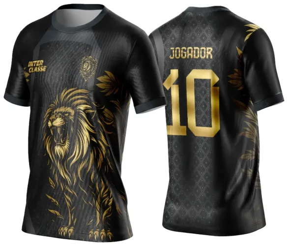 Camisa preta com estampa frontal de um leão dourado rugindo, escudo com leão no peito, texto INTER CLASSE. Costas têm padrão geométrico escuro, número 10 e nome JOGADOR em dourado.