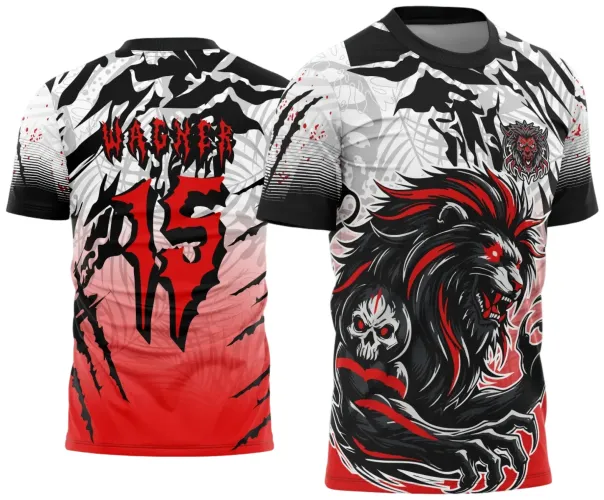 Camisa com leão furioso e caveira na frente em preto e vermelho sobre fundo cinza e branco, escudo pequeno de leão no peito, costas com nome Wagner e número 15 em letras vermelhas, mangas preta com detalhes em degradê.