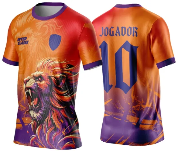 Camisa com degradê laranja e roxo, leão rugindo na frente, texto INTER CLASSE e escudo azul no peito, costas com texto JOGADOR e número 10 na cor azul.