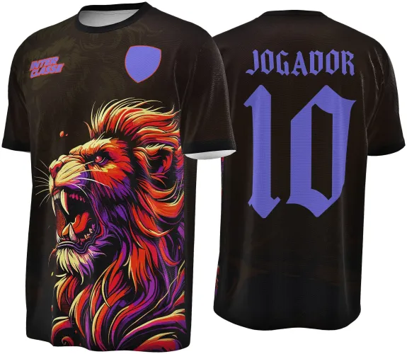 Camisa preta com leão grande colorido em tons de laranja, roxo e marrom na frente. No peito esquerdo texto INTER CLASSE em vermelho e escudo roxo no direito. Costa preta com escrita JOGADOR e número 10 em roxo.