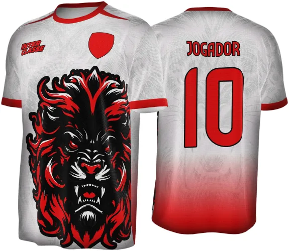 Camisa branca com gola e mangas vermelhas, frente destaca uma grande cabeça de leão tribal em vermelho e preto com escudo vermelho e texto INTER CLASSE. Costas degradê vermelho com número 10 e nome JOGADOR em vermelho.