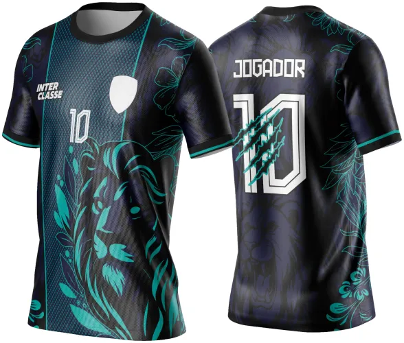 Camisa com frente em preto e turquesa com grande leão estilizado, número 10 e texto INTER CLASSE, costas em preto com leão em sombra, número 10 com marcas de garras e texto JOGADOR, detalhes florais turquesa nas mangas.