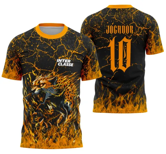 Camisa preta com gola laranja, frente com leopardo dourado em chamas e texto INTER CLASSE, costas com efeito rachaduras e chamas laranja, texto JOGADOR e número 10 em destaque.