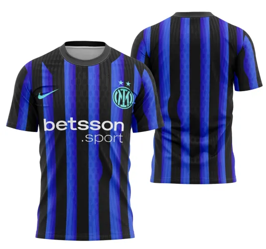 Camisa listrada azul e preta com escudo circular azul claro INK no peito e logo azul celeste NIKE, com o texto branco betsson .sport na frente; costas apenas com listras verticais com os mesmos tons.