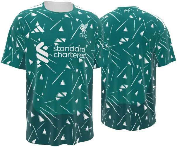 Camisa de goleiro do Liverpool 2026 verde-petróleo com triângulos brancos, frente e costas