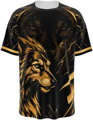 Camisa esportiva preta com estampa de lobo dourado, vista frente e costas