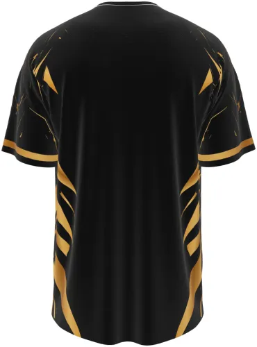Camisa esportiva preta com estampa de lobo dourado, vista frente e costas