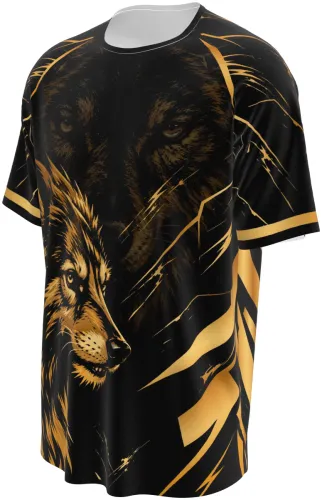 Camisa esportiva preta com estampa de lobo dourado, vista frente e costas