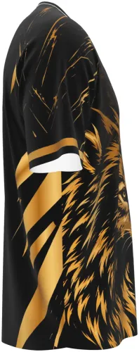 Camisa esportiva preta com estampa de lobo dourado, vista frente e costas