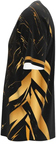 Camisa esportiva preta com estampa de lobo dourado, vista frente e costas