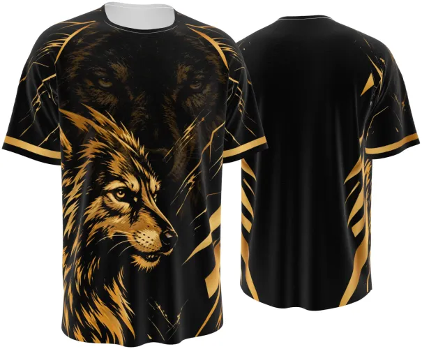 Camisa esportiva preta com estampa de lobo dourado, vista frente e costas