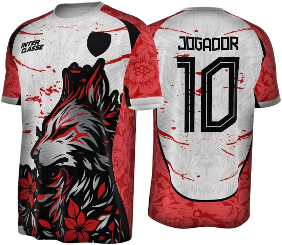 Camisa branca com desenho de lobo estilizado em preto, cinza e vermelho na frente com flores vermelhas, mangas vermelhas com padrão floral, e texto INTER CLASSE; nas costas texto JOGADOR e número 10 em preto sobre fundo branco com detalhes vermelhos.