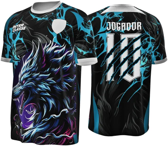 Camisa preta com estampa frontal de lobo azul e roxo, texto INTER CLASSE, escudo branco; costas com número 10 branco e riscos azuis imitando garras, texto JOGADOR em branco no topo