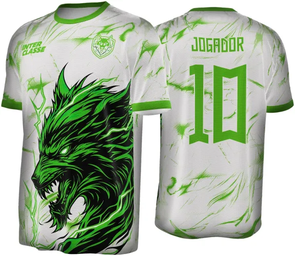 Camisa branca com detalhes verdes, frente com grande lobo feroz em verde neon e preto, texto INTER CLASSE e escudo de lobo no peito; costas com nome JOGADOR e número 10 em verde neon, mangas e gola também verdes.