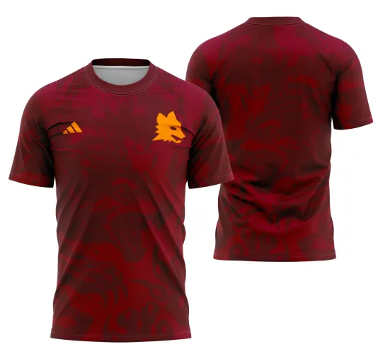Camisa vermelha com padrão abstrato escuro e figura de lobo estilizado amarelo no peito esquerdo; costas com mesmo padrão vermelho abstrato sem textos; gola redonda vermelha e logo amarelo no peito direito.