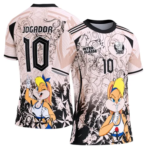 Camisa rosa claro com Lola Bunny na frente fazendo sinal de silêncio e número 10 preto, com texto INTER CLASSE e 3 ANO; nas costas, Lola Bunny piscando e sinal de paz com grande número 10 e palavra JOGADOR.
