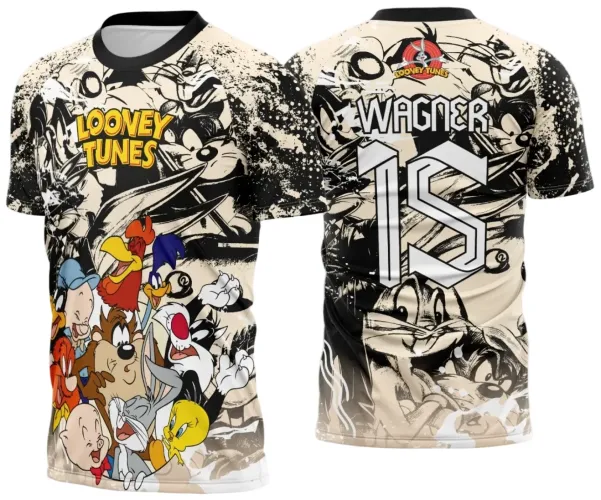 Camisa com frente destaque para vários personagens Looney Tunes coloridos sobre fundo bege, texto amarelo 'LOONEY TUNES'; costas em preto e branco com grande número 15, nome 'WAGNER' e mascote Pernalonga, logo vermelho Looney Tunes na gola.