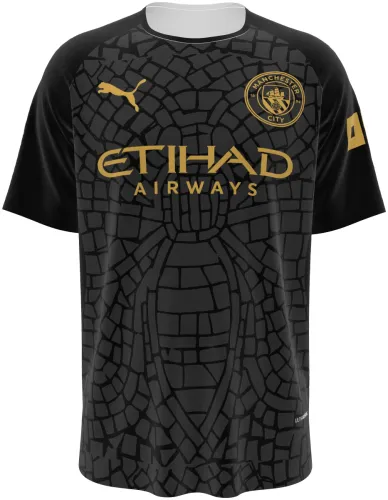 Camisa conceito do Manchester City 2026 preta com mosaico de pedra cobrindo tudo, frente e costas