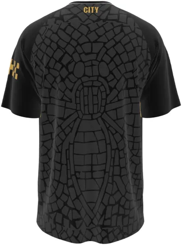 Camisa conceito do Manchester City 2026 preta com mosaico de pedra cobrindo tudo, frente e costas