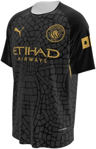 Camisa conceito do Manchester City 2026 preta com mosaico de pedra cobrindo tudo, frente e costas