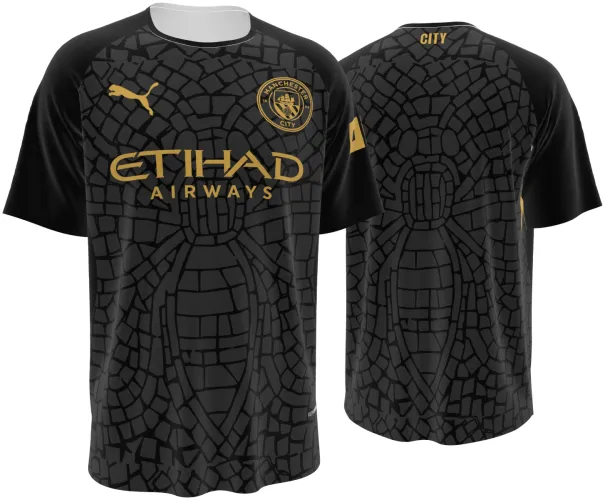 Camisa conceito do Manchester City 2026 preta com mosaico de pedra cobrindo tudo, frente e costas