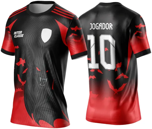 Camisa preta com detalhes vermelhos, morcego grande na frente, texto INTER CLASSE e escudo branco; costas com nome JOGADOR e número 10 em branco, vários morcegos vermelhos espalhados.