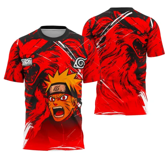 Camisa com frente mostrando Naruto com expressão intensa e olhos vermelhos, fundo com Kurama vermelho e preto, costas dominadas pela figura feroz de Kurama em vermelho com detalhes pretos e fundo degradê.