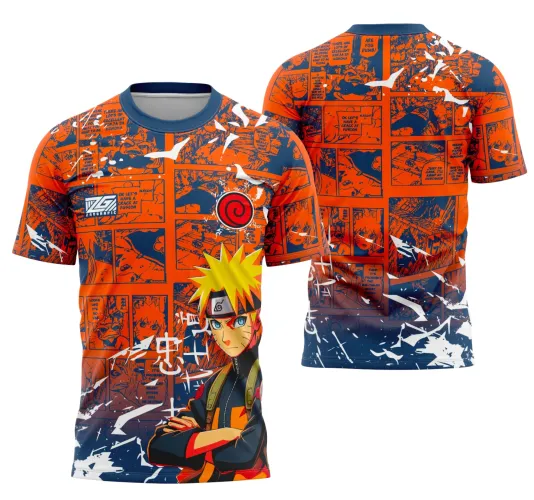 Camisa frente com Naruto de braços cruzados sobre fundo de quadrinhos em laranja e azul, verso com cenas de mangá e texto em inglês, destacando o número 9 e letras INTER CLASSE.